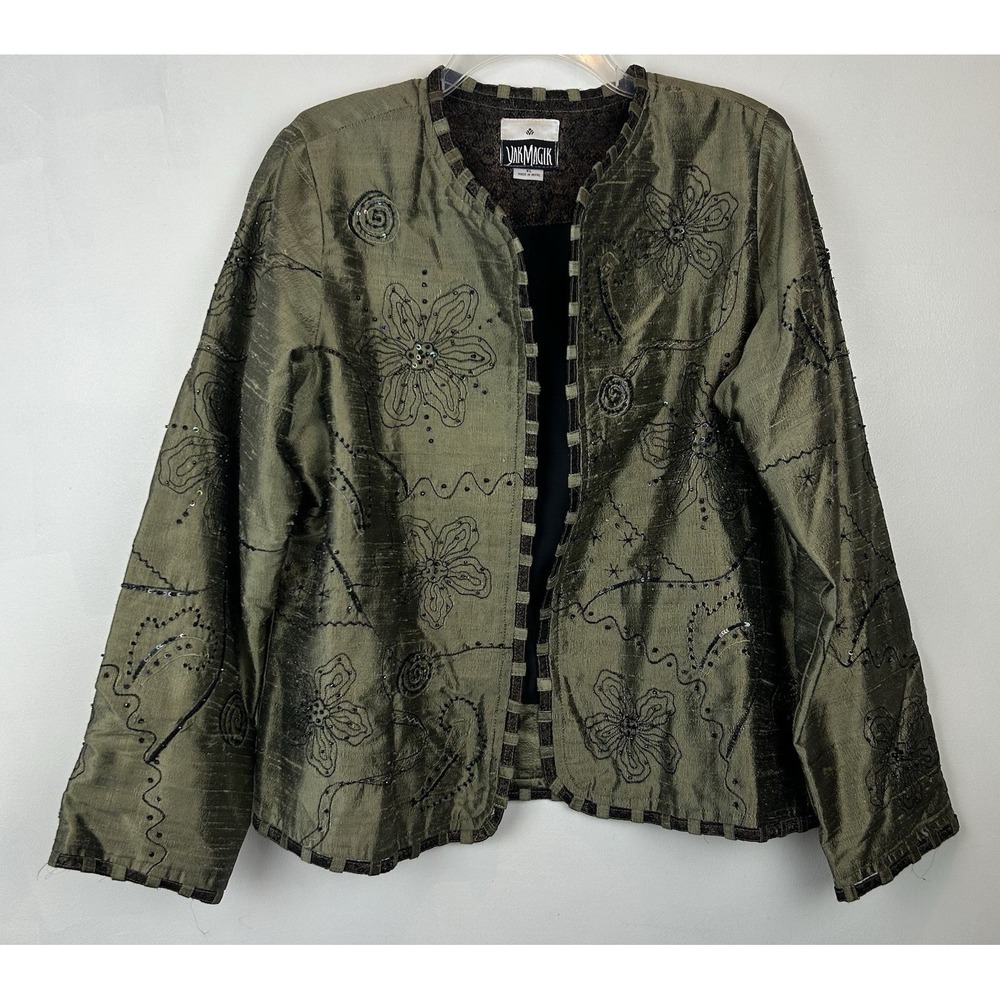 Vintage Yak Magik Blazer Womens Large Jacket Raw Silk Green Open Embroidered